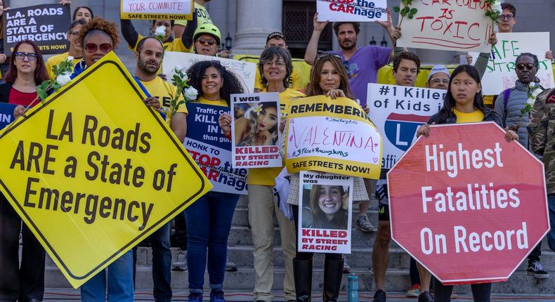 To highlight the release of a report titled `Traffic Violence in Los Angeles / Why Los Angeles Gets an `F' Grade for 2023'' Streets Are For Everyone organized a rally on the west steps of City Hall on Saturday, Jan. 27, 2024 in Los Angeles, CA.Irfan Khan/Getty Images