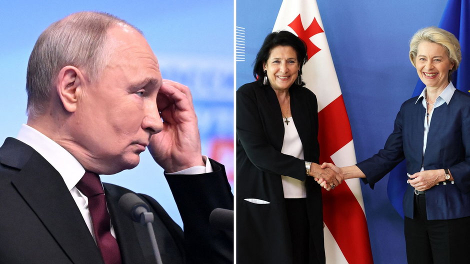 Po lewej: prezydent Rosji Władimir Putin, po prawej: gruzińska prezydent Salome Zurabiszwili z przewodniczącą Komisji Europejskiej Ursulą von der Leyen w Brukseli