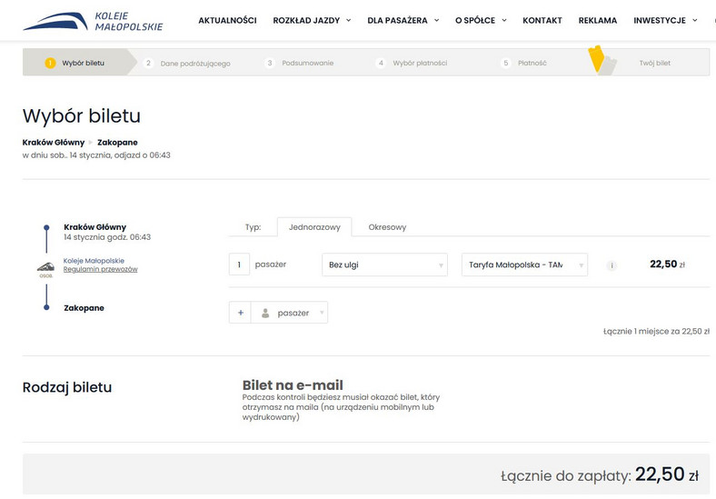 Bilet normalny na pociąg Luxtorpeda kosztuje 22,50 zł