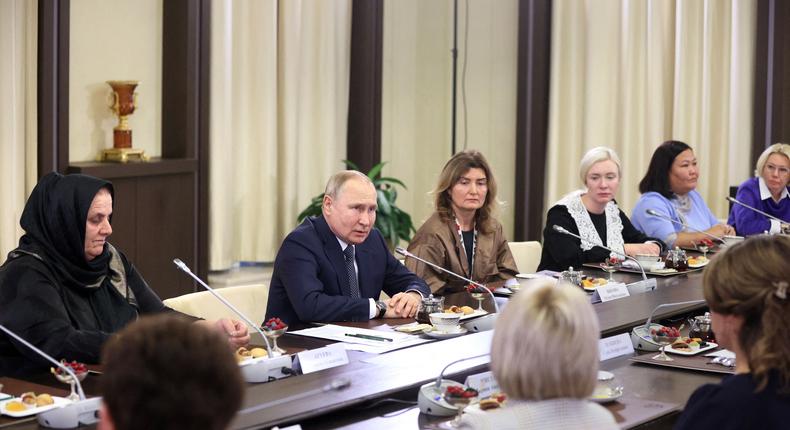 Russian President Vladimir Putin holds a meeting with mothers of Russia's servicemen participating in the military operation in Ukraine, ahead of Mother's Day at the Novo-Ogaryovo state residence, outside Moscow, on November 25, 2022.ALEXANDER SHCHERBAK/SPUTNIK/AFP via Getty Images