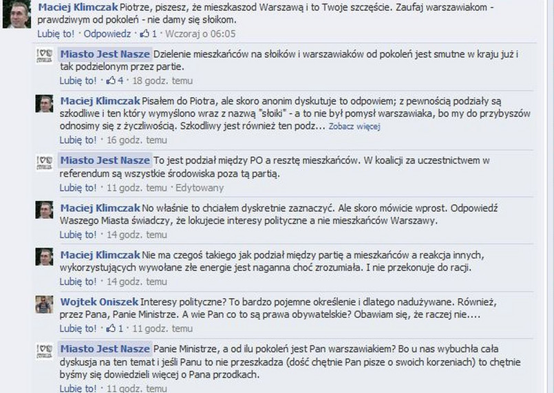 Fragment dyskusji z prezydenckim ministrem na Facebooku