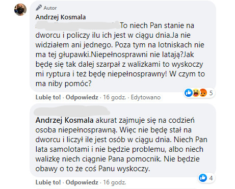 Andrzej Kosmala zamieścił na Facebooku kontrowersyjny wpis na temat udogodnień dla osób z niepełnosprawnościami