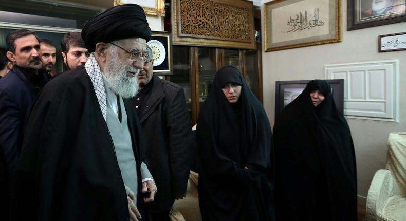 Iran's supreme leader Ayatollah Ali Khamenei visits the family of Revolutionary Guards commander Major General Qasem Soleimani, killed in a US air strike in Baghdad on Friday, to offer his condolences