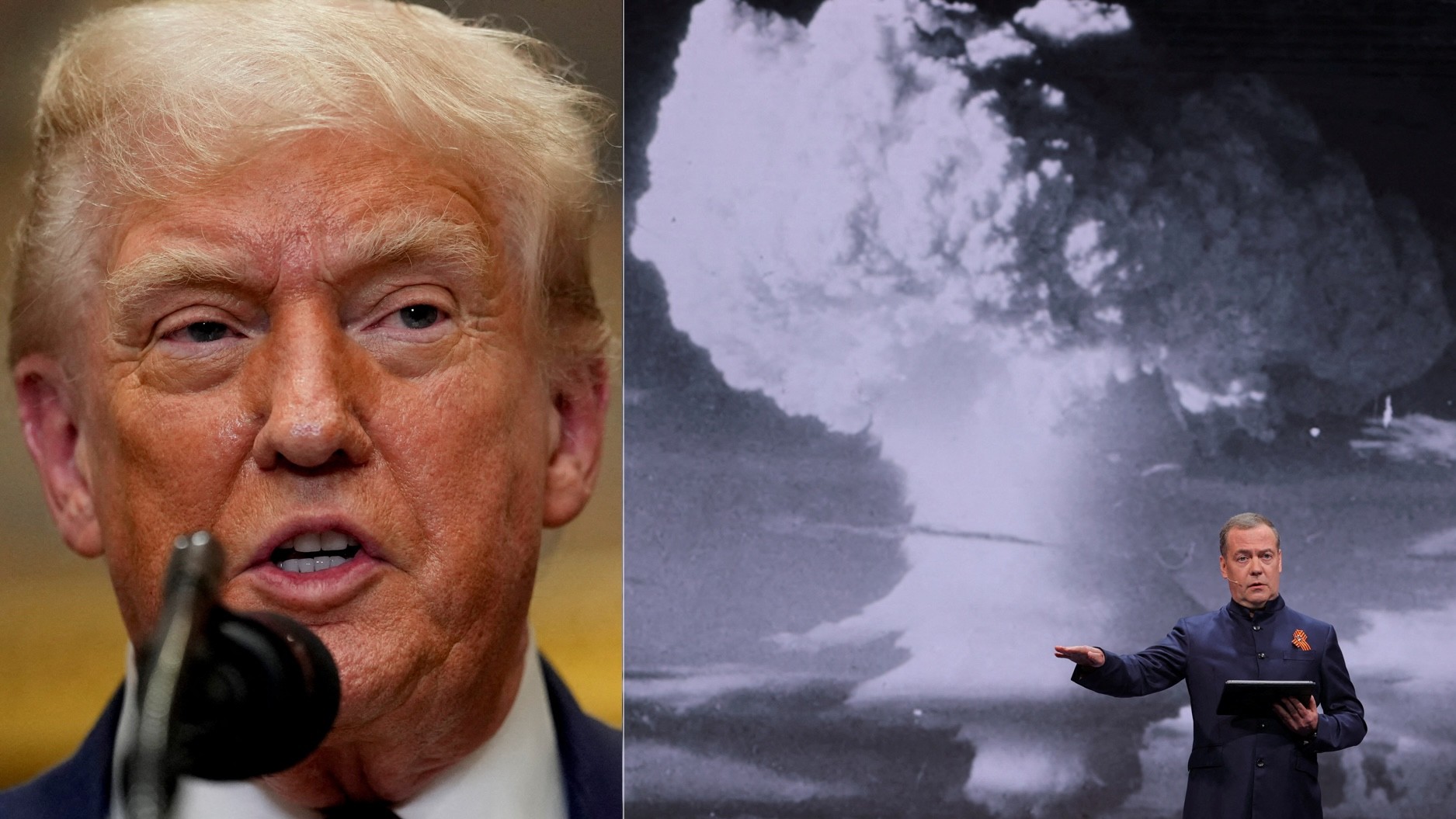 Americký prezident Donald Trump a bývalý ruský prezident Dmitrij Medvedev, ktorý výrokmi opakovane provokuje USA