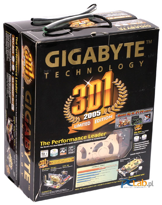Od firmy Gigabyte otrzymaliśmy zestaw zawierający w jednym wielkim pudle płytę główną GA-K8NXP-SLI i kartę graficzną GV-3D1