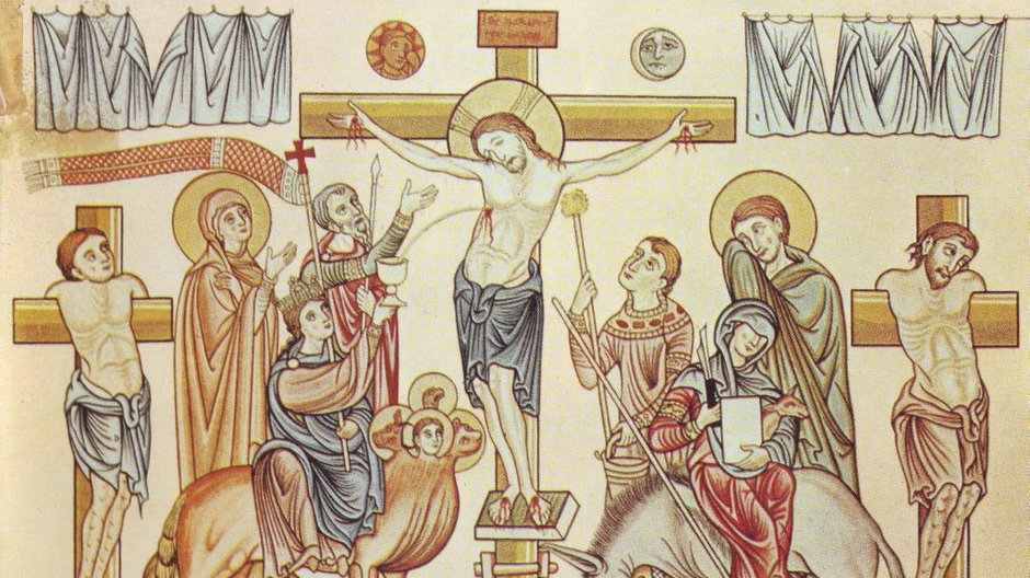 Ukrzyżowanie Jezusa Chrystusa, przedstawienie średniowieczne z końca XII wieku (domena publiczna)