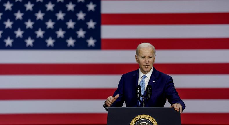 US President Joe Biden delivers remarks in front of a giant American flag at the Kempsville Recreation Center on February 28, 2023, in Virginia Beach, Virginia.Anna Moneymaker/Getty Images