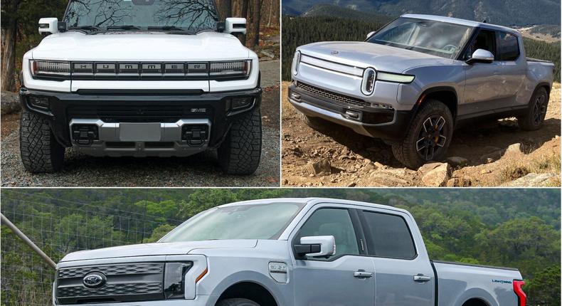 The GMC Hummer EV (top left), Rivian R1T (top right), and Ford F-150 Lightning.Tim Levin/Insider