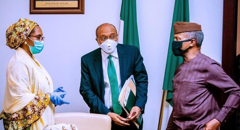 From Left: Minister of Finance, Budget and National Planning, Zainab Usman, CBN Governor, Godwin Emefiele, and Vice President Yemi Osinbajo. [Twitter/@NGRPresident]