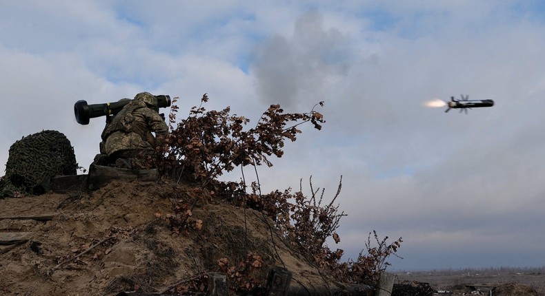 Ukrainian troops fire a Javelin anti-tank missile during drills in Ukraine, February 2022.Ukrainian military/Handout via REUTERS