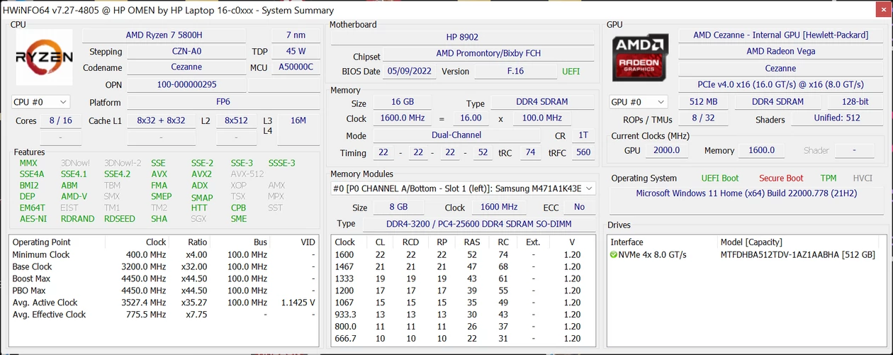 HP OMEN 16 (16-c0114nw) – HWiNFO64 – podzespoły z iGPU