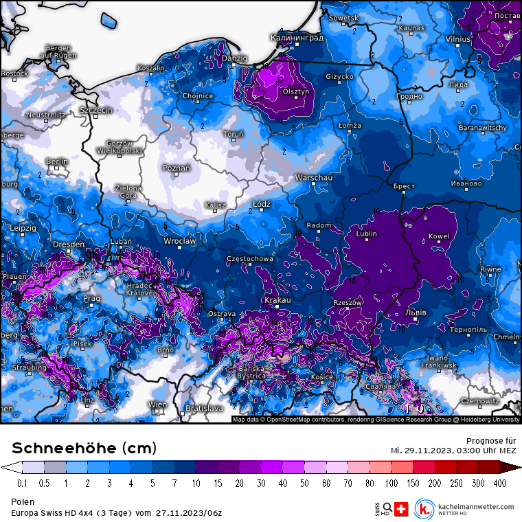 Przewidywana grubość pokrywy śnieżnej w Polsce w środowy poranek