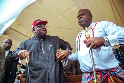 Outgoing governor of Bayelsa state, Seriake Dickson and Governor-elect, Douye Diri. [Twitter/@iamDouyeDiri]