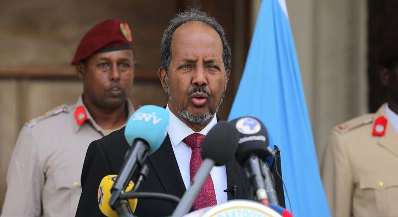 Somalia's new President, Hassan Sheikh Mohamud, speaks during a handover ceremony at the Mogadishu palace on May 23, 2022. (Photo by HASAN ALI ELMI/AFP via Getty Images)