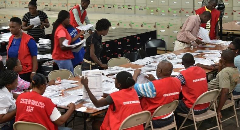 Polling center employees in Port-au-Prince tally votes on November 21, 2016