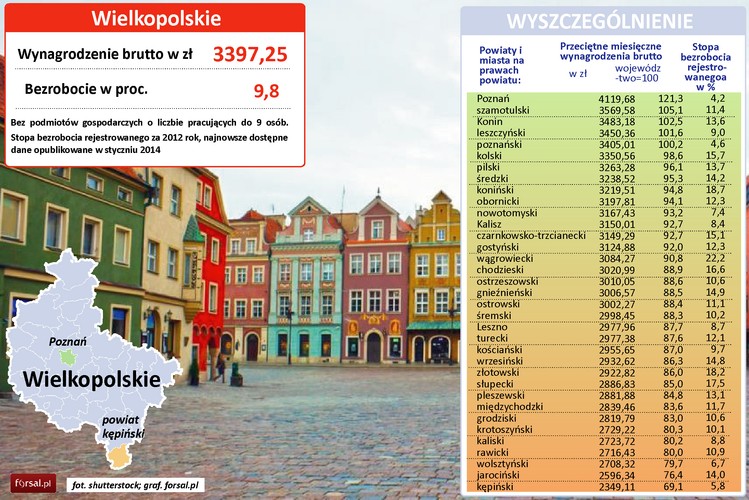 Wielkopolska jest jednym z niewielu regionów, gdzie aż pięć powiatów oferuje ponadprzeciętne wynagrodzenie. Z drugiej strony, występują tu duże rozwarstwienia - jedynie w Poznaniu średnia pensja przekracza średnią krajową, a wynagrodzenia w powiecie kępińskim są najniższe w kraju. 
Pozostałe ośrodki przemysłowe, Konin, Kalisz, Leszno, Ostrów Wlkp. i Piła oferują dużo niższe zarobki niż jej stolica. 
Wielkopolska to jedna z trzech najbardziej atrakcyjnych lokalizacji dla inwestycji zagranicznych. Do największych inwestorów należy Eurocash, Enea, Volkswagen, GlaxoSmithKline, Philips, MAN, Microsoft.
W regionie dominuje sektor spożywczy, chemiczny i farmaceutyczny, środków transportu oraz maszyn i urządzeń. W ostatnim czasie zagraniczne firmy zainwestowały też w sektor finansowy oraz w handel, tu wyróżnia się Jeronimo Martins oraz Lidl. Coraz częściej pojawiają się także firmy z sektora BPO.
