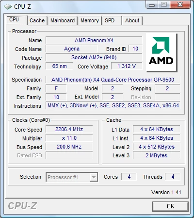 CPU-Z nawet w najnowszej wersji wykrywa procesor jako Phenom X4. Tymczasem nazwa handlowa układu to Phenom 9500