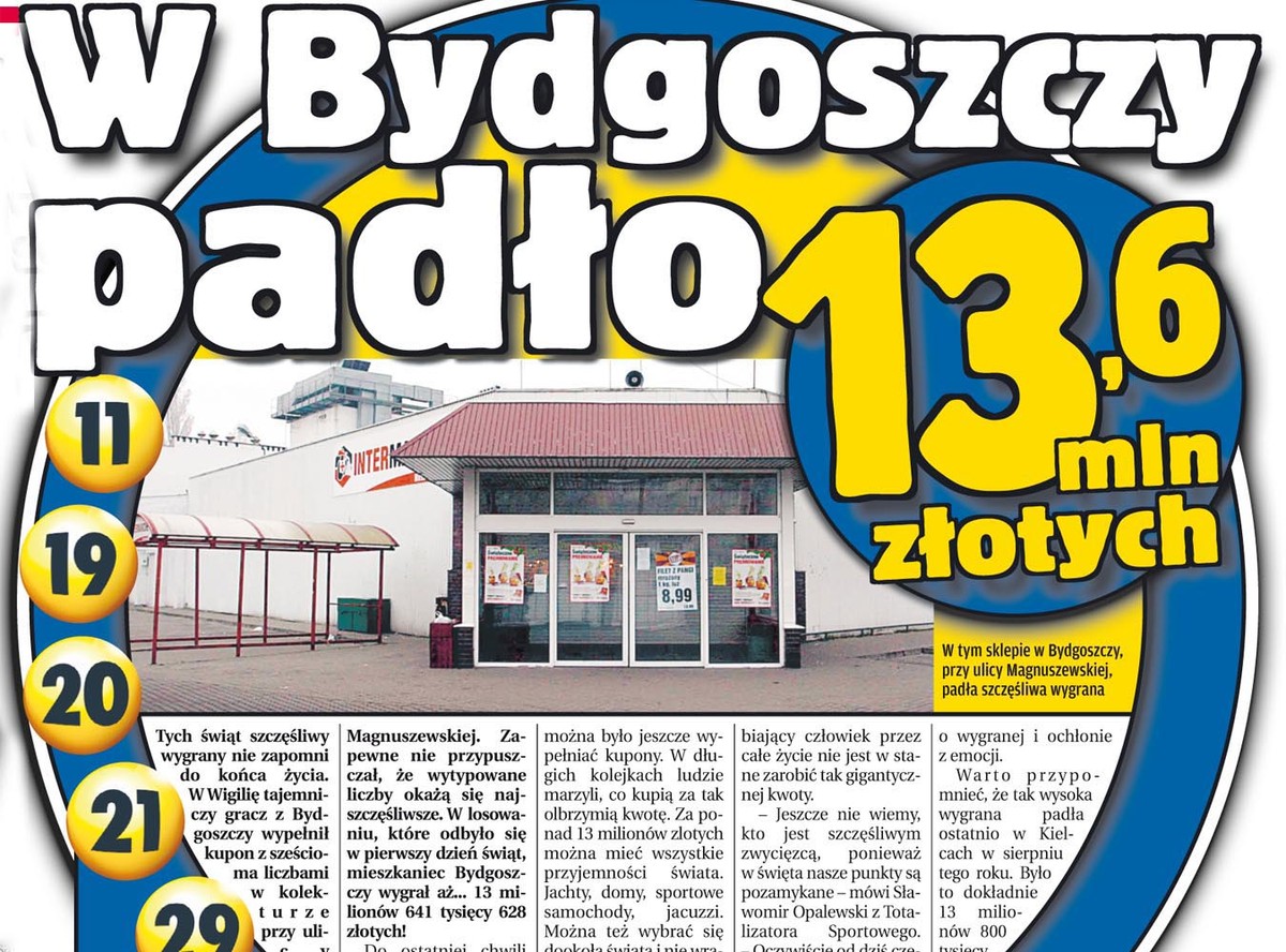 Szczęśliwiec z Bydgoszczy wygrał w świątecznego totolotka 13 milionów 641 tysięcy 628 złotych