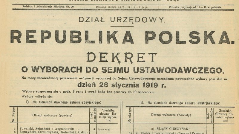 Dekret o wyborach do Sejmu Ustawodawczego opublikowany 29 listopada 1918 roku w Monitorze Polskim