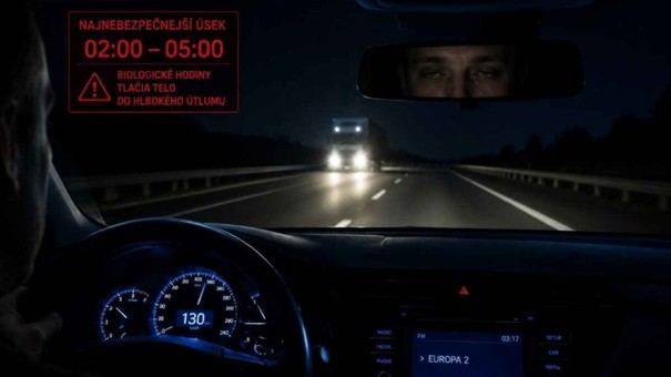 Pohľad cez čelné sklo auta na nočnú diaľnicu okolo tretej hodiny ráno, na palubovke svieti modré osvetlenie a tachometer ukazuje 130 km/h, v diaľke sa blížia oslepujúce svetlá protiidúceho kamióna, vodičove oči v spätnom zrkadle vyzerajú unavené s ťažkými viečkami – ilustrácia najnebezpečnejšieho úseku letnej dovolenkovej jazdy medzi druhou a piatou ráno, keď biologické hodiny tlačia telo do hlbokého útlmu. 