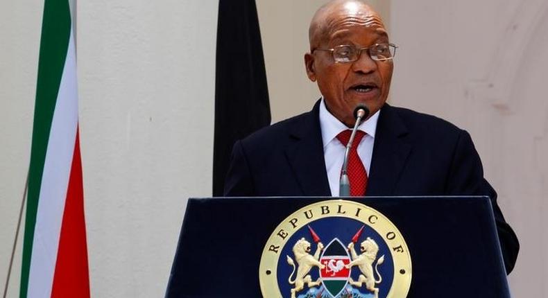 South African president Jacob Zuma addresses members of the media and the respective delegations during a joint news conference with his counterpart, Kenyan president Uhuru Kenyatta, in Nairobi, Kenya, October 11, 2016. REUTERS/Siegfried Modola