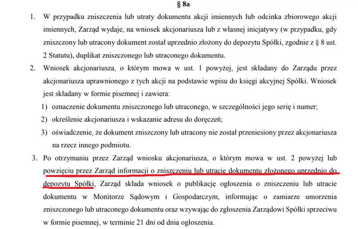 Fragment statutu Poczty Polskiej, który pozwala na umorzenie odcinka akcji. Cały paragraf 8a dodano 22 czerwca