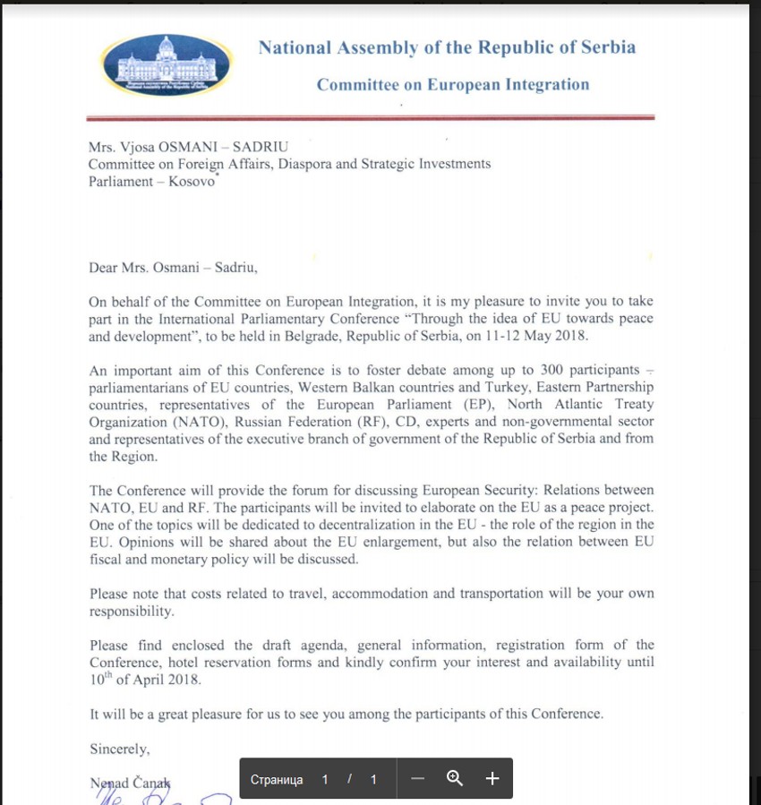 Pozivno pismo kosovskoj poslanici