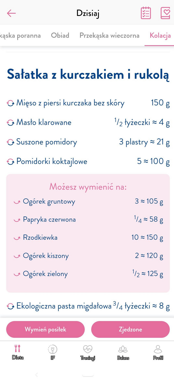 Produkt w konkretnym posiłku można wymienić bardzo łatwo - po rozwinięciu jego nazwy pojawi się lista zamienników