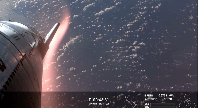 A screengrab from Starship's reentry video shows ultra-hot plasma gathering on the spaceship's belly.SpaceX via X