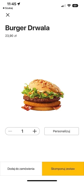 Zamawianie Burgera Drwala w aplikacji McDonald's