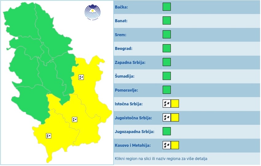 "Žuti" alarm RHMZ zbog veće količine padavina