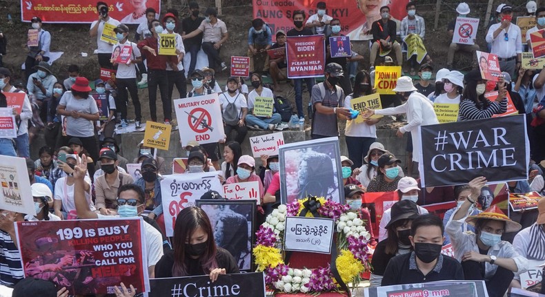 Protesters against the Myanmar military coup outside the US Embassy in Yangon on February 20, 2021.
