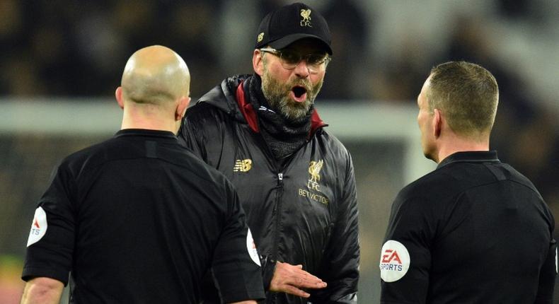 Liverpool manager Jurgen Klopp speaks to match officials after his side's 1-1 draw with West Ham