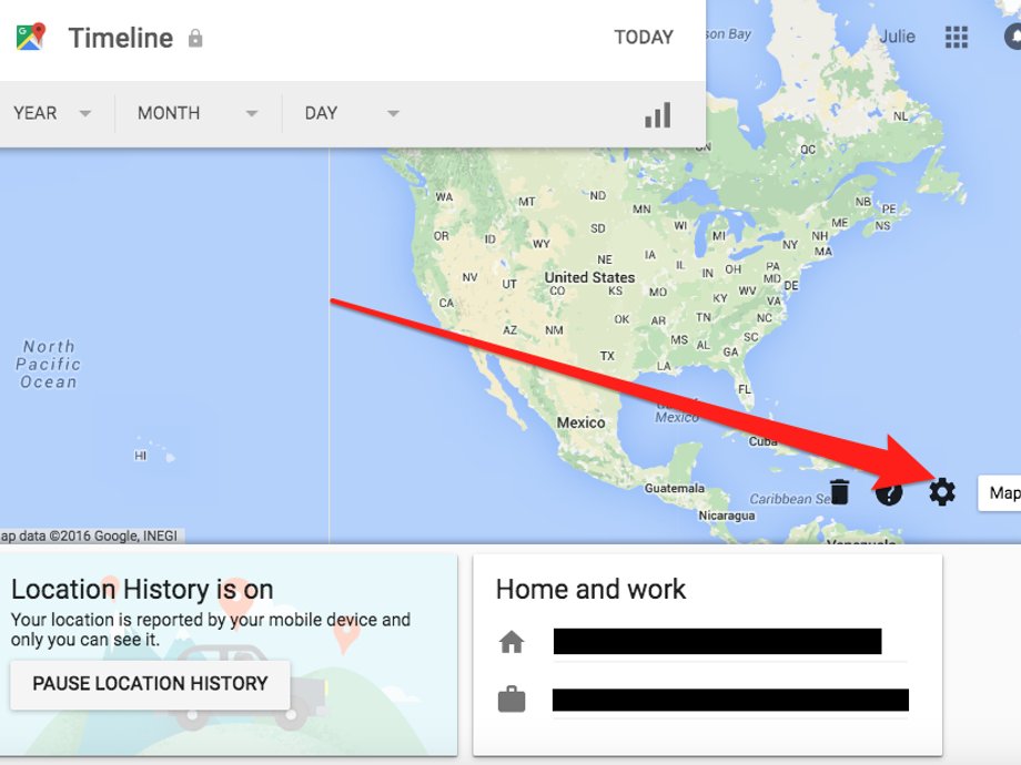 If you click on "location history" in the menu, it takes you to a page with a map, which represents your "timeline" of where and when you traveled, with Google Maps or other location services. Now click on the settings button on the lower-right corner.