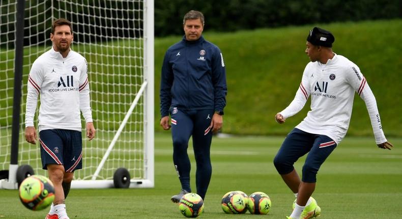 Lionel Messi and Kylian Mbappe at training with PSG on Thursday Creator: Bertrand GUAY