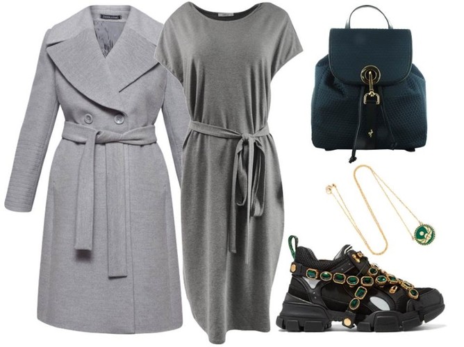 Sportowe STYLIZACJE na jesień 2018: płaszcz-Dziekański/dziekański.pl, sukienka-Fablu/fablu.pl, plecak-Menbur/menbur.pl, buty, naszyjnik-TK Maxx