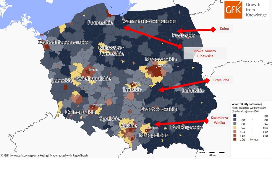 Mapa polskiej biedy i bogactwa (wyszczególniono najbiedniejsze miejscowości wskazane w raporcie GfK)