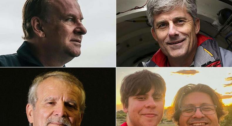 Les 5 passagers du Titan : (de gauche à droite et de haut en bas) : Hamish Harding, Stockton Rush, Paul-Henri Nargeolet, Suleman Dawood et son père Shahzada Dawood/AFP / Dirty Dozen Productions / Handout10
