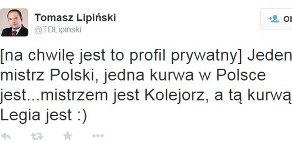 Radny PO, Tomasz Lipiński, cieszy się z triumfu Lecha Poznań!