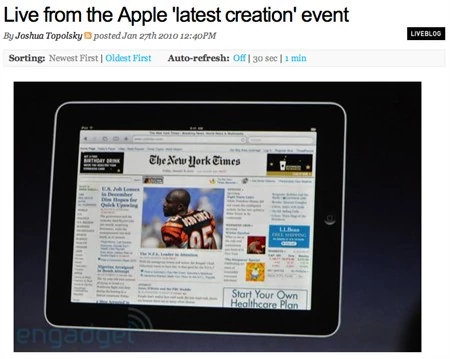 Tablet jest bardzo cienki i można nim obracać, a obraz sam ustawi się we właściwej pozycji - mówił Jobs prezentując iPad wyświetlający stronę gazety New York Times