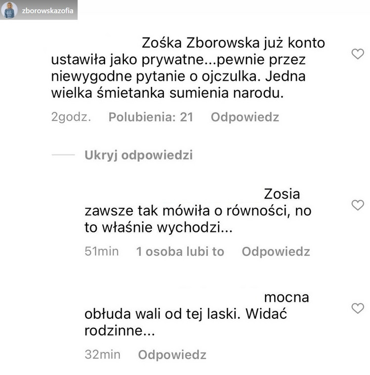 Dyskusja na profilu Zofii Zborowskiej-Wrony