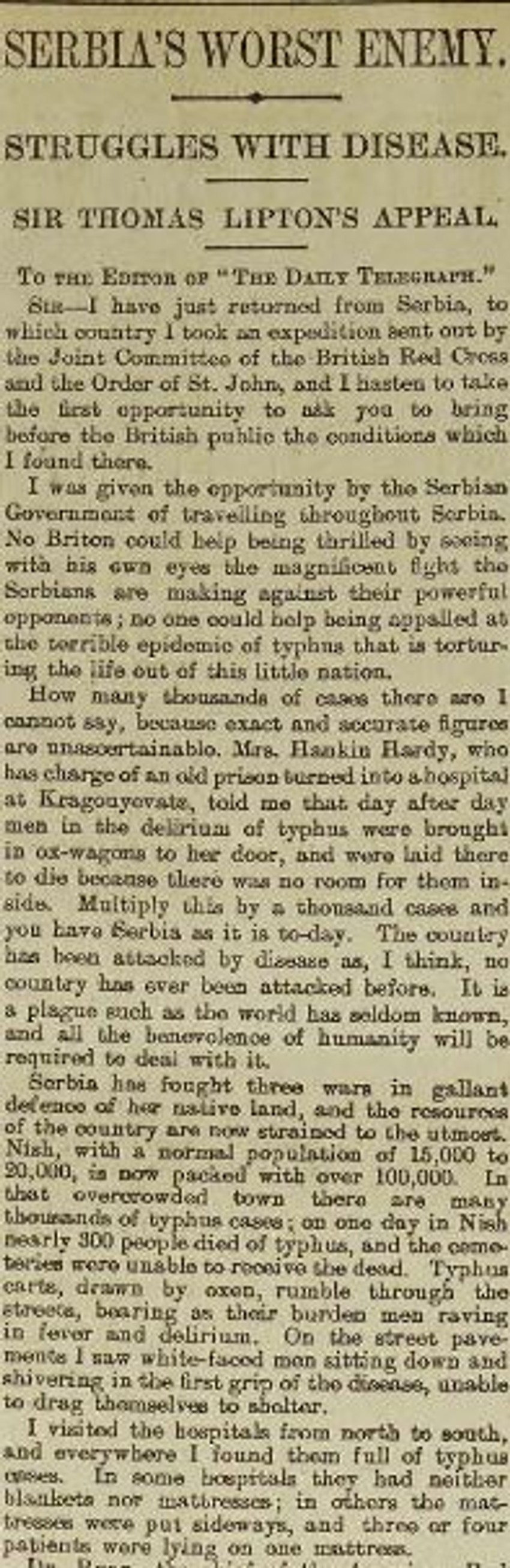 Liptonovo pismo objavljeno u novinama