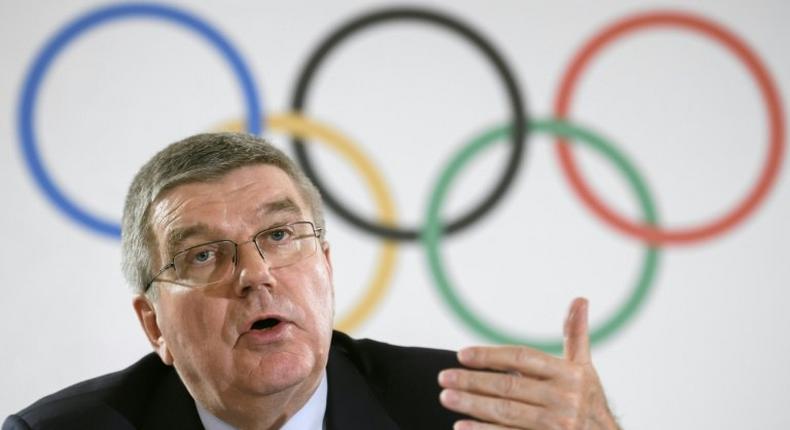 International Olympic Committee (IOC) chief Thomas Bach speaks to reporters following a 2016 meeting in Lausanne, Switzerland