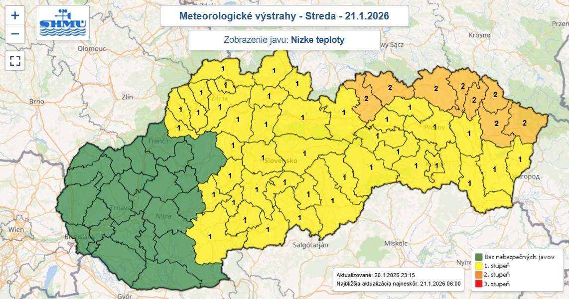Výstrahy prvého a druhého stupňa pred nízkymi teplotami vydané na noc z utorka na stredu.