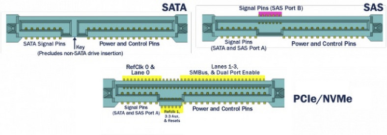 Konektor U.2 występuje w różnych wersjach dostosowanych do obsługi nośników różnego typu. W przypadku U.3 jedno złącze, wyglądające jak złącze U.2 SAS/PCIe, obsługuje wszystkie trzy rodzaje łącz.
