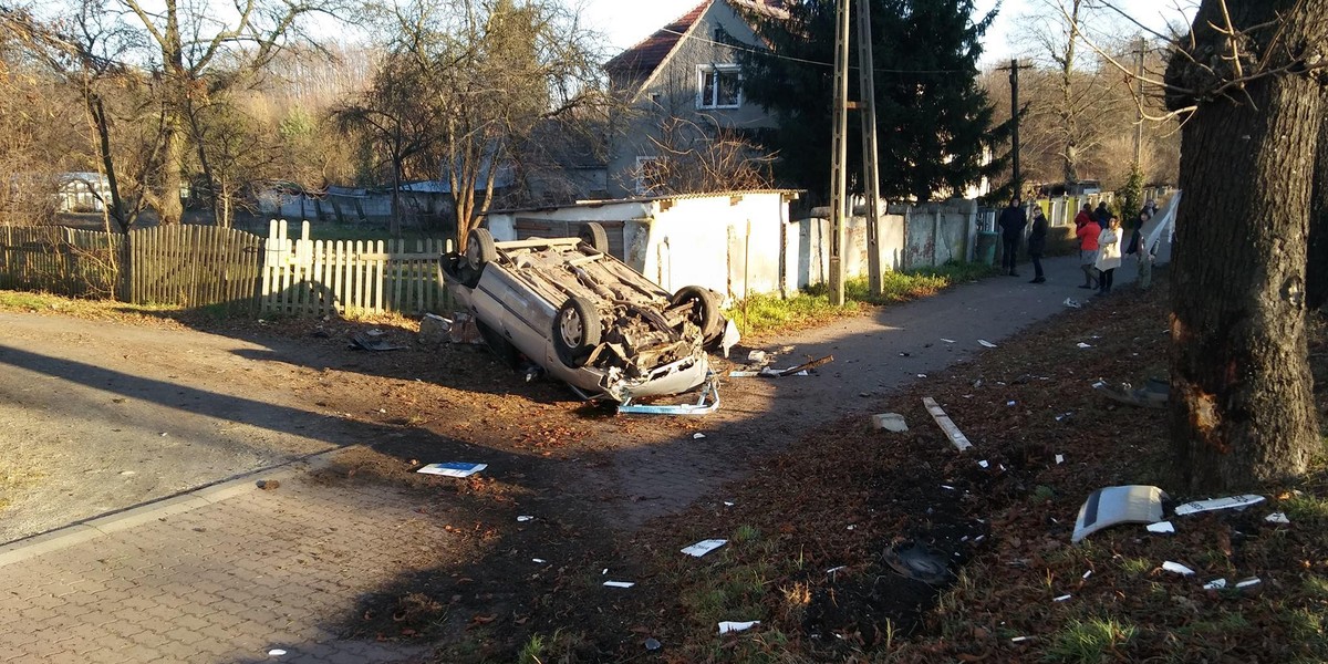 Pijani jechali po wódę. Uderzyli w drzewo i dachowali