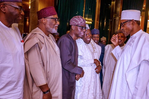 President Muhammadu Buhari and Governors elected on the platform of the All Progressives Congress meet in Abuja to discuss the crisis rocking the party over chairmanship tussle. [Twitter/@BashirAhmaad]