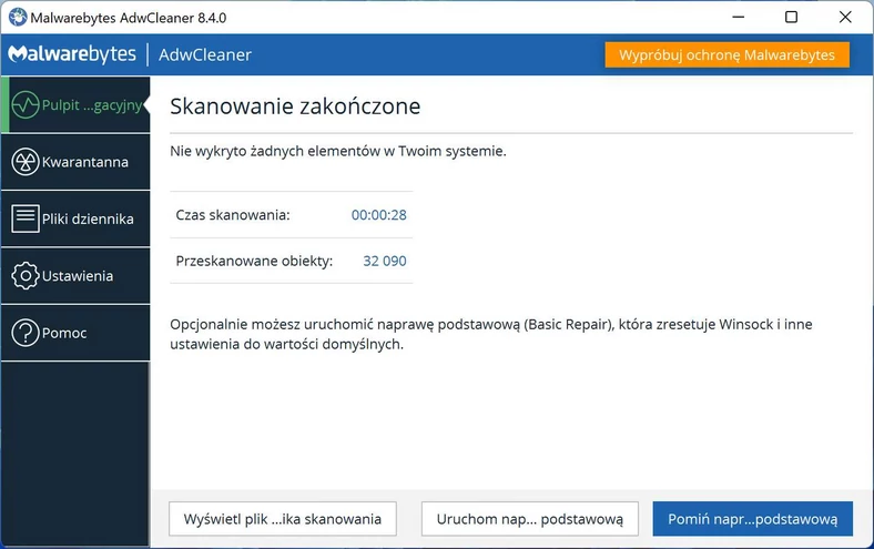 AdwCleaner – ekran zakończonego skanowania