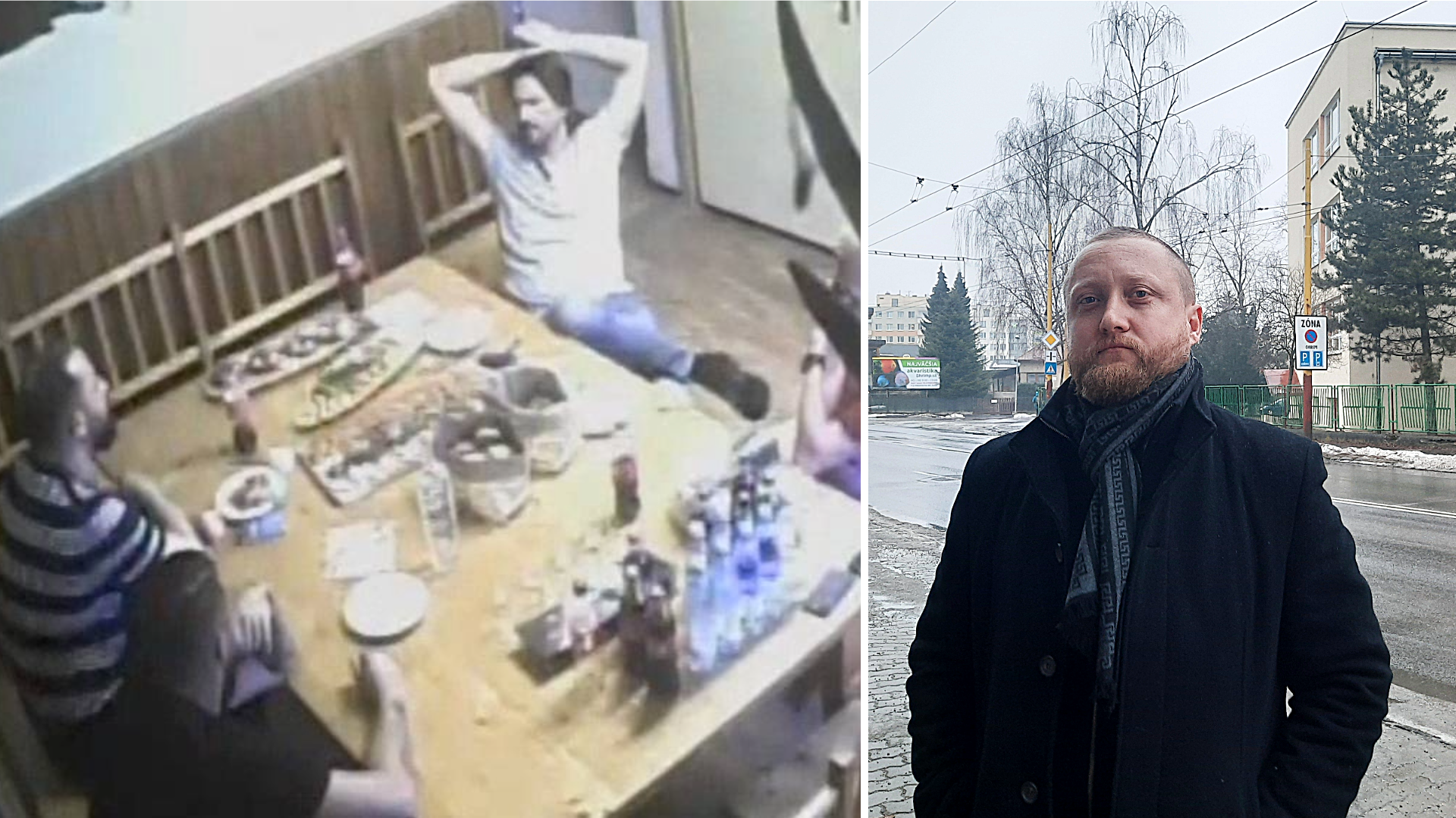 Záber z poľovníckej chaty v Čifároch kde je zachytený Robert Kaliňák, Pavol Gašpar a Marek Para (vľavo), policajt Martin Juhás (vpravo)