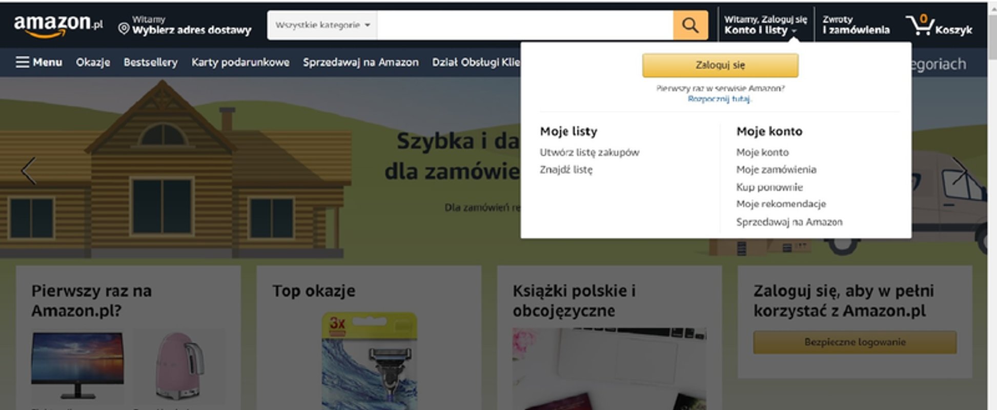 Amazon Polska jak zrobić zakupy, logowanie, koszty dostawy